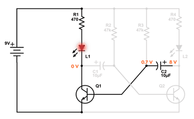 Q1 ON State Showing Capacitor Charging and Voltage Transfer in Astable Multivibrator