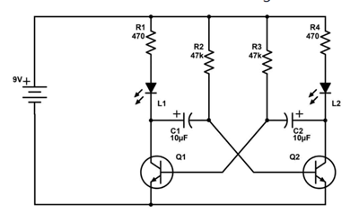 Basic Astable Multivibrator LED Flasher Circuit